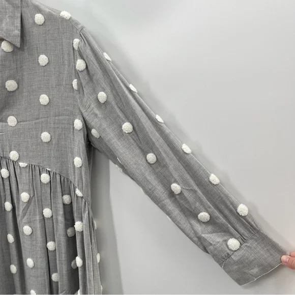 Zara Pom Polka Dot Babydoll Mini Contrast Dress Gray White Shirt Size Medium - Picture 8 of 15